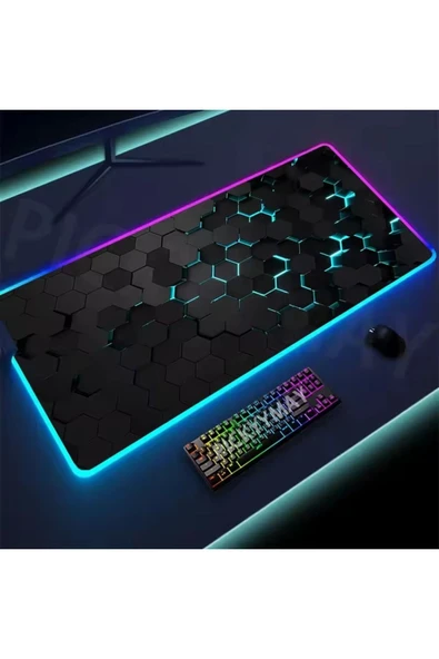 Coverzone Oyuncu RGB Mousepad ve Klavye Pad Kırmızı Altıgen Desenli Red Hex Tasarım Işıklı 70cm x 30cm - Resim 2