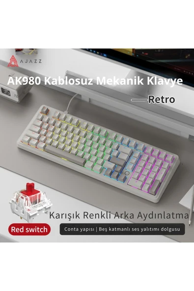 Coverzone Kablolu Mekanik Oyun Klavyesi-Rainbow Aydınlatma-Hot Swap Ajazz AK980 Krem Red Switch - Resim 2