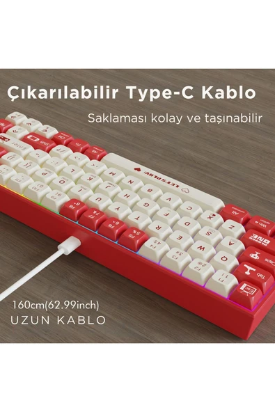 Coverzone Ajazz Ak680 65% Kablolu Hotswap Mekanik Klavye, 68 Tuşlu Anti-ghosting Kırmızı Beyaz, Blue Switch - Resim 3