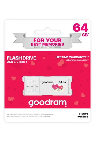 Goodram 64GB USB Bellek 3.2 Gen 1 , 60MB/s Okuma Hızı, 20MB/s Yazma Hızı, Ume3 Valentıne UME3-0640W0R11-V ürün görseli