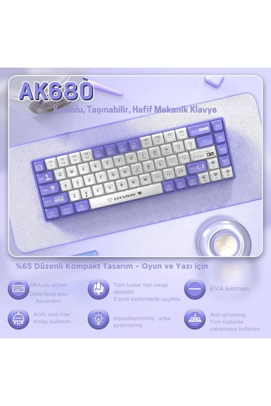 Coverzone Ajazz Ak680 65% Kablolu Hotswap Mekanik Oyun Klavyesi, 68 Tuşlu Anti-ghosting Mor Beyaz, Blue Switch - Resim 2