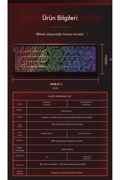 Coverzone Ajazz AK680 Max HE Kablolu Manyetik Switch Klavye-8000Hz-0.125Ms - Resim 7