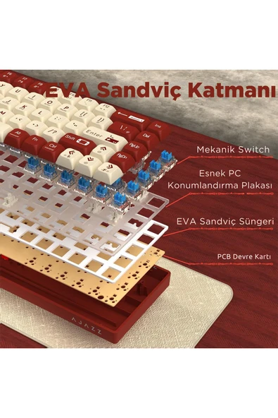 Coverzone Ajazz Ak680 65% Kablolu Hotswap Mekanik Klavye, 68 Tuşlu Anti-ghosting Kırmızı Beyaz, Blue Switch - Resim 4