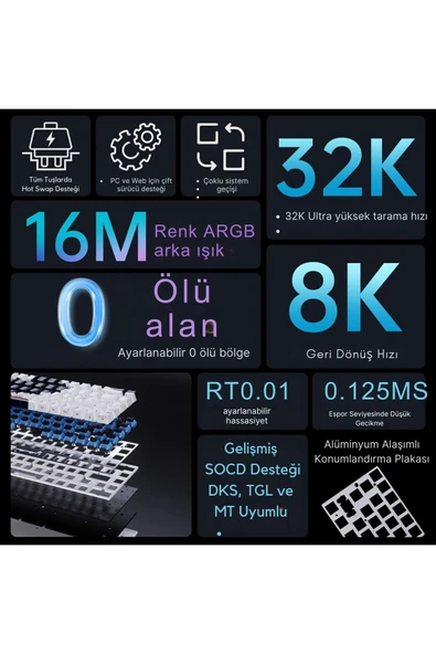 Coverzone Ajazz ALUX 68 HE Kablolu-8000hz Manyetik Switch Oyun Klavyesi Alümniyum Gövde Yapısı - Resim 4