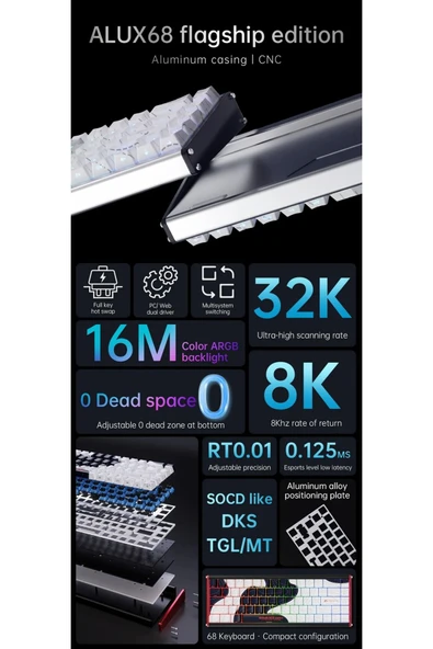 Coverzone Ajazz ALUX 68 HE Kablolu-8000hz Manyetik Switch Oyun Klavyesi Alümniyum Gövde Yapısı - Resim 6