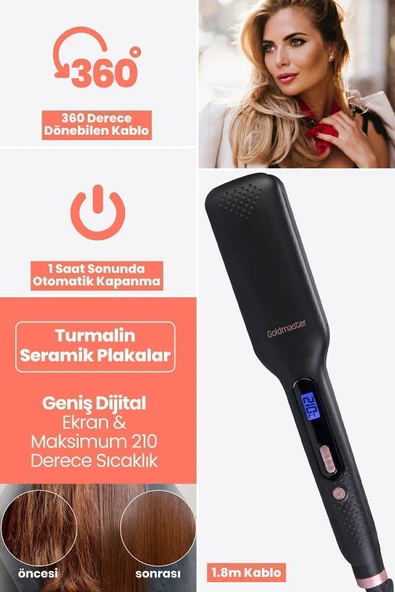 GOLDMASTER Gliss Dijital Ekranlı Seramik Geniş Plakalı 360 Derece Dönebilir Kablo Iyonik Saç Düzleştirici - Resim 4