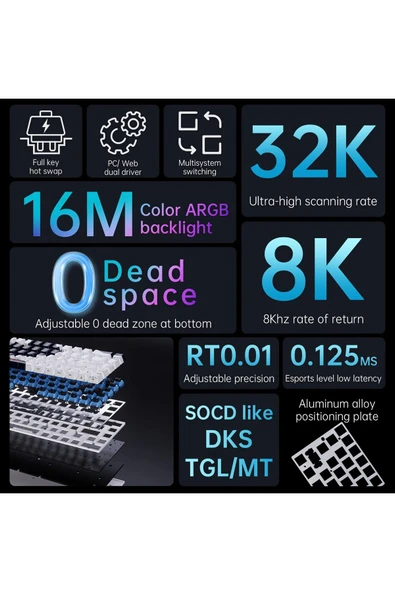 Coverzone Ajazz ALUX 68 HE Kablolu-8000hz Manyetik Switch Oyun Klavyesi Alümniyum Gövde Yapısı - Resim 8