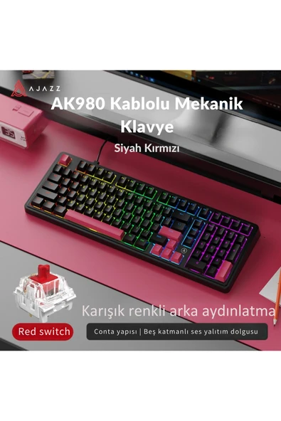 Coverzone Kablolu Mekanik Oyun Klavyesi-Rainbow Aydınlatma-Hot Swap Ajazz AK980 Red Switch - Resim 7