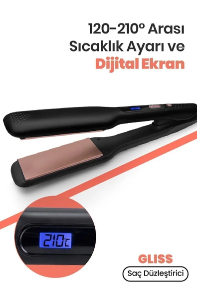 GOLDMASTER Gliss Dijital Ekranlı Seramik Geniş Plakalı 360 Derece Dönebilir Kablo Iyonik Saç Düzleştirici - Resim 5