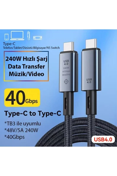 Coverzone 40Gbps 240W 4.0 Thunderbolt Type-C to Type-C Şarj, Data 8K 60Hz Görüntü Aktarım Kablo 2 Metre CZ855 - Resim 3