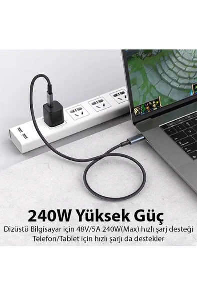 Coverzone 40Gbps 240W 4.0 Thunderbolt Type-C to Type-C Şarj, Data 8K 60Hz Görüntü Aktarım Kablo 2 Metre CZ855 - Resim 6