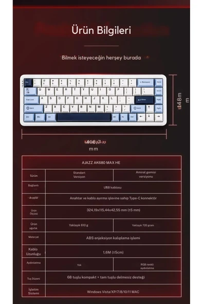 Coverzone Ajazz AK680 Max HE Kablolu Manyetik Switch Klavye-8000Hz-0.125Ms - Resim 4