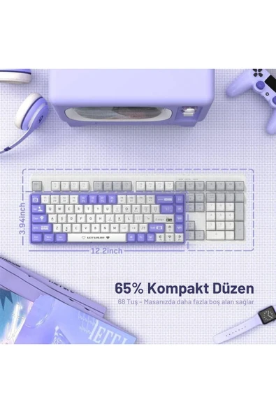 Coverzone Ajazz Ak680 65% Kablolu Hotswap Mekanik Oyun Klavyesi, 68 Tuşlu Anti-ghosting Mor Beyaz, Blue Switch - Resim 8
