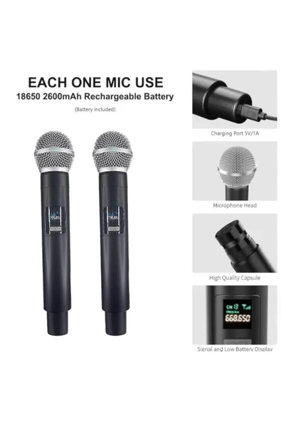 Coverzone 2'li Profesyonel Kablosuz Mikrofon Sistemi,Tek Alıcı El Tipi Kablosuz mikrofon,30m Menzil,LT-508 - Resim 5