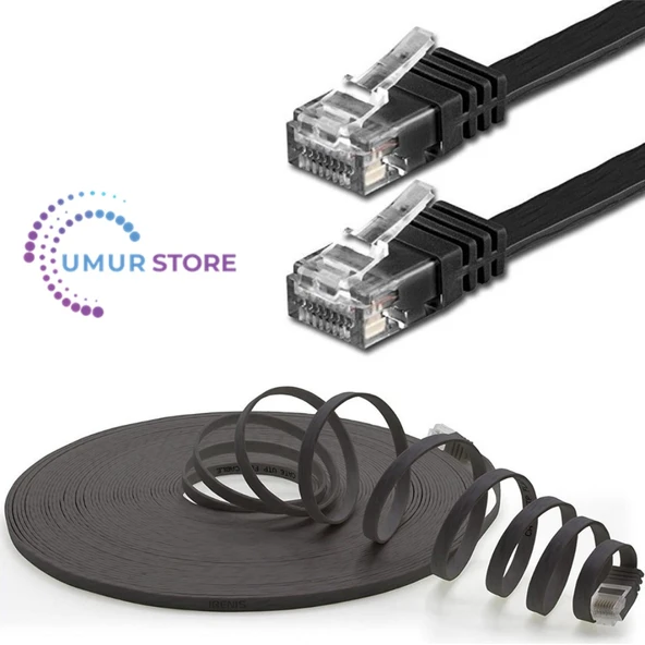 CAT6 Yassı Ethernet (Network, LAN) Kablosu, Siyah, 15 metre