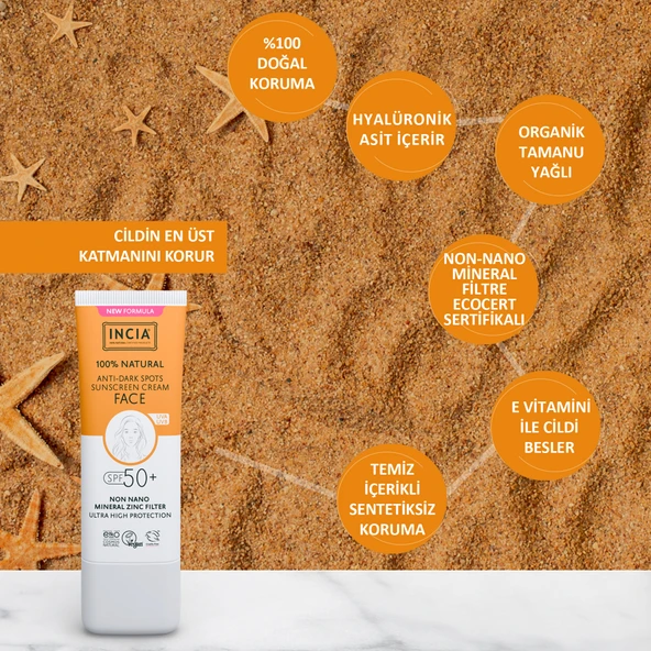 INCIA %100 Doğal Yüz Güneş Kremi Leke Karşıtı Aydınlatıcı Mineral Filtre UVA1 UVA2 UVB SPF 50+ 30 ml - 5