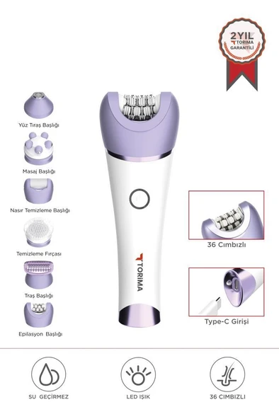 Torima TEP-02 Beyaz 6 Başlıklı (Yüz+Koltuk Altı+Bikini Bölgesi+Bacak) Islak Ve Kuru Kablosuz Epilatör ürün görseli