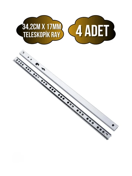 Teleskobik 17MM Çekmece Rayı Gömme Bilyeli İnce Ray(17MM)(TAKIM)(KROM) 34.2cm 34.2cm - 4 ADET - 1