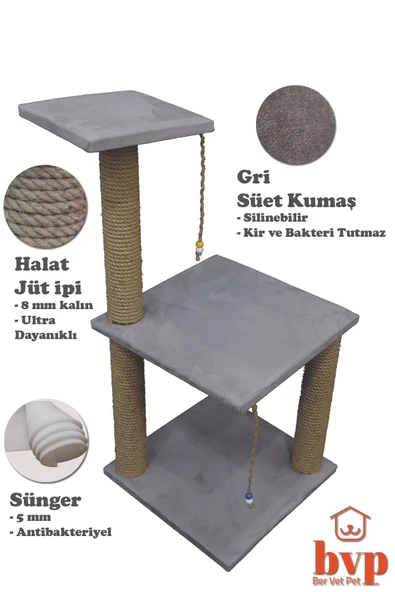 Ber vet pet İki katlı Lüks Kedi Tırmalama Tahtası 86cm Silinebilir Süet Kumaş Süngerli Gri Renk - 1
