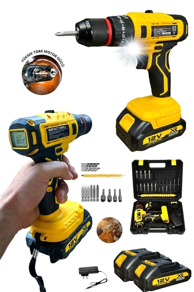 Çift Akülü Darbeli Şarjlı Matkap Dijital Göstergeli Akülü Vidalama 12V - Resim 2