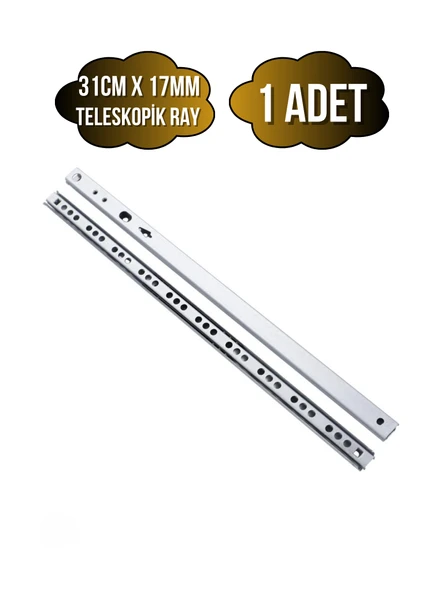 Teleskobik 17MM Çekmece Rayı Gömme Bilyeli İnce Ray(17MM)(TAKIM)(KROM) 31cm 31cm - 1 ADET - 1