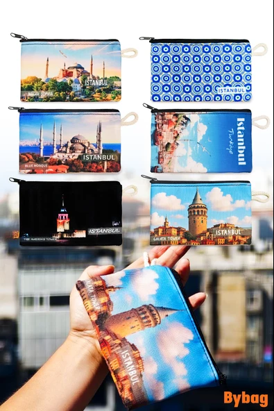 İstanbul Temalı 6 Adet Hediyelik Oxford Kumaş Cüzdan Bozuk Para Çantası