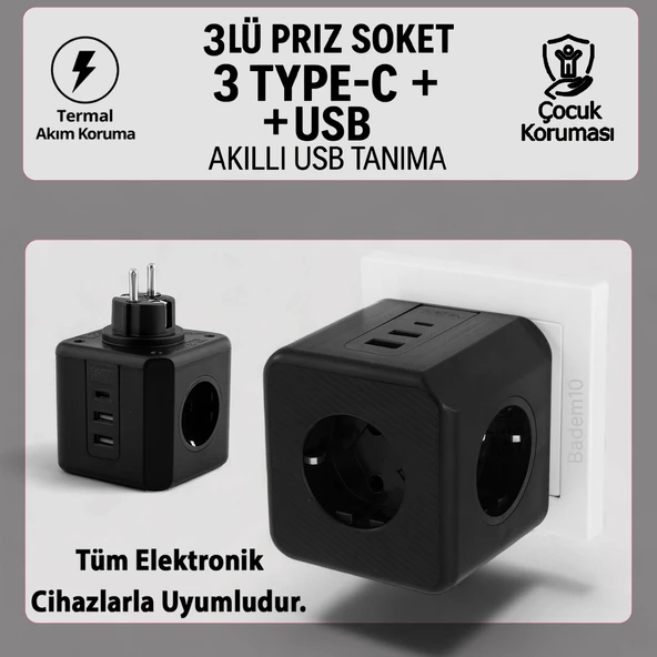 3 Prizli 2 USB + 1 Type-C Çocuk Termal Kısa Devre Akım Korumalı Topraklı Golyat Grup Şarj Fiş Priz - Resim 2