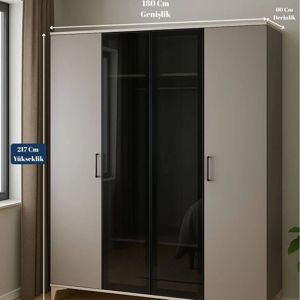 Deniz 4 Kapaklı Çekmeceli Genç Odası Dolabı | MDF | REHAU Kaplama Kapaklar | Antireflekte Camlar - Resim 2