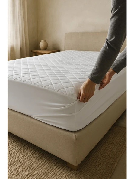 Nart Home Yatak Alezi Pamuklu Kapitone Fitted Full Kenar Yatak Koruyucu Beyaz ürün görseli 1