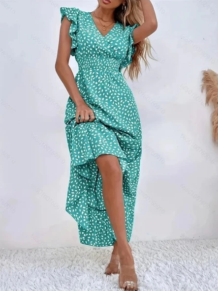 Kadın Kısa Kollu Kruvaze Yaka Beli Lastikli çiçek Desenli Elbise - Resim 2