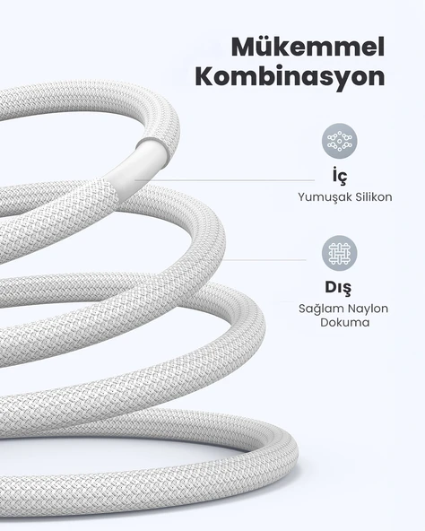 UGREEN USB-C 100W 3A QC PD Silikon Örgülü Hızlı Şarj Kablosu, 1 Metre, Beyaz, 15267 - 5