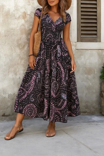 Kadın Kısa Yarasa Kanat Kollu V Yakalı Beli Büzgülü Süprem Elbise - 2