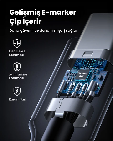 UGREEN USB-C 100W 3A QC PD Silikon Örgülü Hızlı Şarj Kablosu, 1 Metre, Beyaz, 15267 - 6