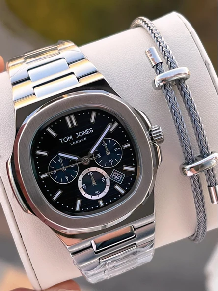 Tom Jones Çelik Kordon 3 Atm Suya Dayanıklı 2 Yıl Garantili Erkek Kol Saati+Bileklik TJE1.10044.2