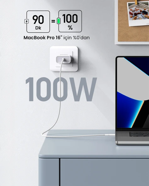 UGREEN USB-C 100W 3A QC PD Silikon Örgülü Hızlı Şarj Kablosu, 1 Metre, Beyaz, 15267 - 3