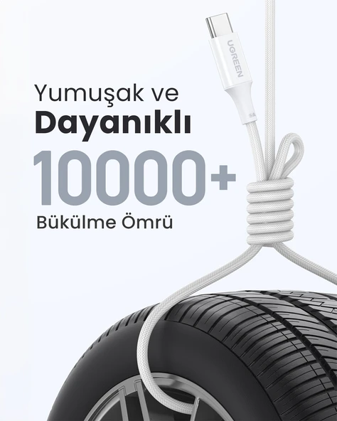 UGREEN USB-C 100W 3A QC PD Silikon Örgülü Hızlı Şarj Kablosu, 1 Metre, Beyaz, 15267 - 4