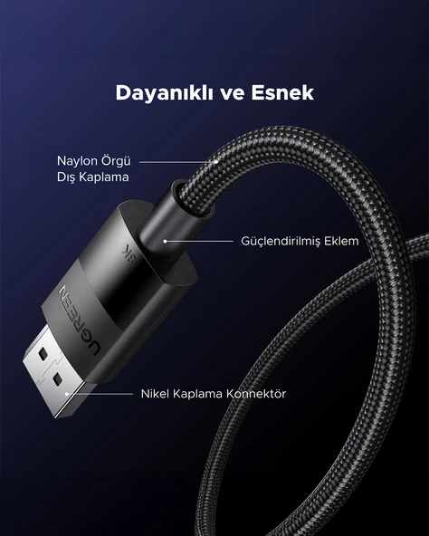 UGREEN 8K 60Hz Displayport - Displayport 1.4 Örgülü Kablo 2 Metre, Siyah, 80392 - 7