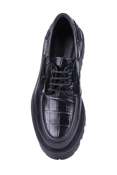 Shoetyle - Siyah Hakiki Deri Croco Desen Bağcıklı Erkek Günlük Ayakkabı 115-K512 - Resim 5