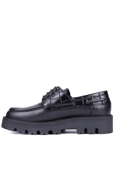 Shoetyle - Siyah Hakiki Deri Croco Desen Bağcıklı Erkek Günlük Ayakkabı 115-K512 - Resim 3