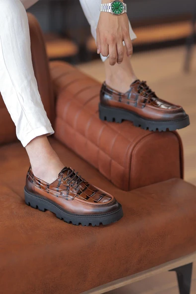 Shoetyle - Taba Hakiki Deri Bağcıklı Erkek Günlük Ayakkabı 115-K512 - Resim 3