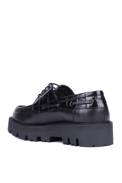 Shoetyle - Siyah Hakiki Deri Croco Desen Bağcıklı Erkek Günlük Ayakkabı 115-K512 - Resim 4