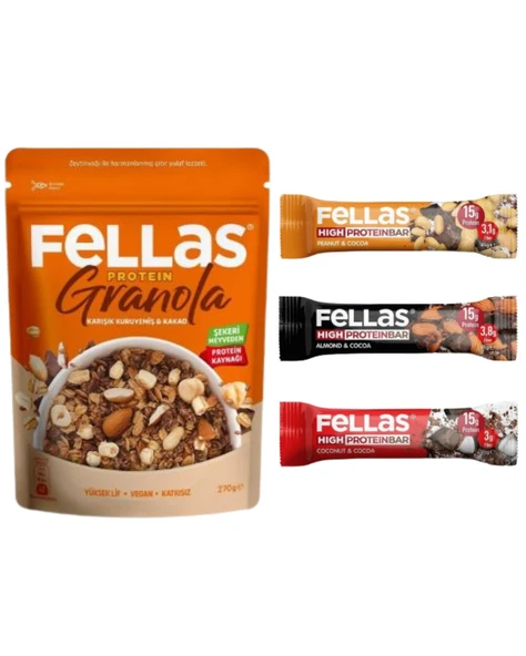 Vegan Protein Granola -Karışık Kuruyemiş & Kakao 270g- Protein Bar 3'lü Set - 1
