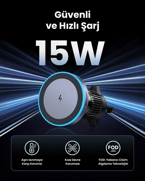 UGREEN 15W Magsafe Kablosuz Araç İçi Manyetik Hızlı Şarj Cihazı, 35029 - 9