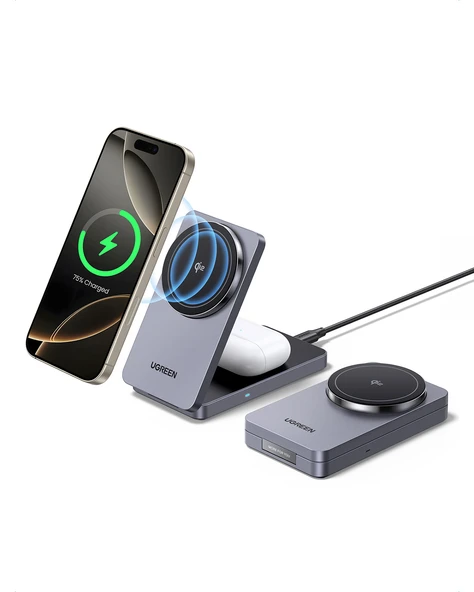 UGREEN 2'si 1 Arada 30W Magnetik Wireless Kablosuz Şarj Cihazı, Siyah, 45023 - 2