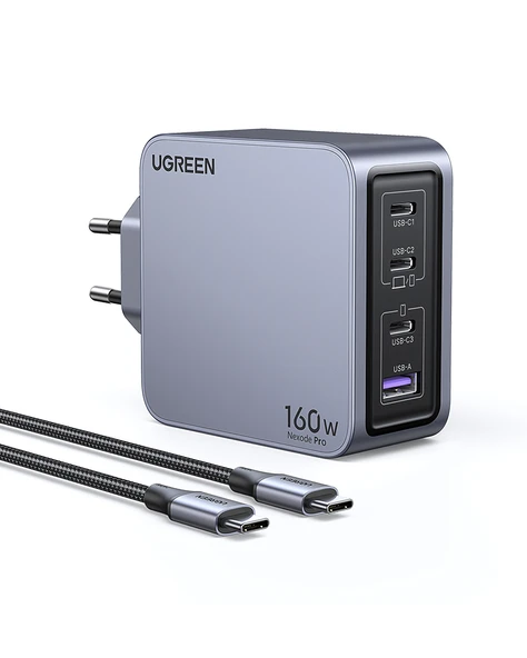 UGREEN Nexode Pro 160W GaN Hızlı Şarj Cihazı 100W Kablolu USB-C QC PD 3xUSB-C, 1xUSB-A, Uzay Grisi, 25877