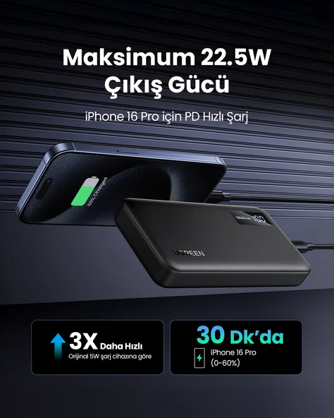 UGREEN 10.000 mAh PD 3.0 Hızlı Şarj Powerbank 1xUSB-C, 2xUSB-A, 25742 - 4
