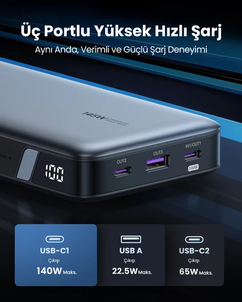 UGREEN 25.000mAh 145W PD QC Led Göstergeli Taşınabilir Hızlı Şarj Cihazı Powerbank, 90597A - 6
