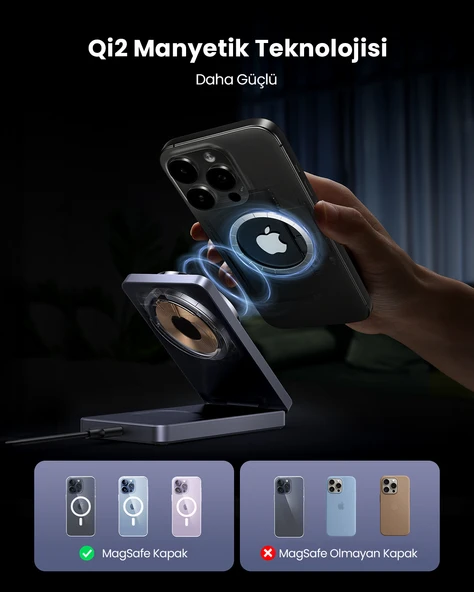 UGREEN 2'si 1 Arada 30W Magnetik Wireless Kablosuz Şarj Cihazı, Siyah, 45023 - 10