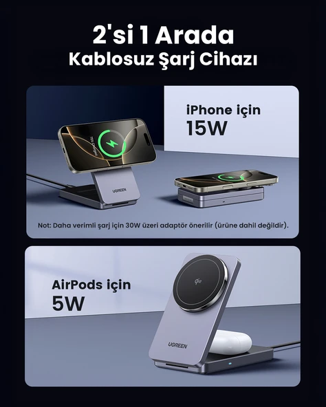 UGREEN 2'si 1 Arada 30W Magnetik Wireless Kablosuz Şarj Cihazı, Siyah, 45023 - 9