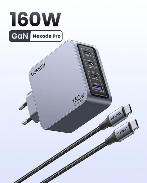 UGREEN Nexode Pro 160W GaN Hızlı Şarj Cihazı 100W Kablolu USB-C QC PD 3xUSB-C, 1xUSB-A, Uzay Grisi, 25877 - 3